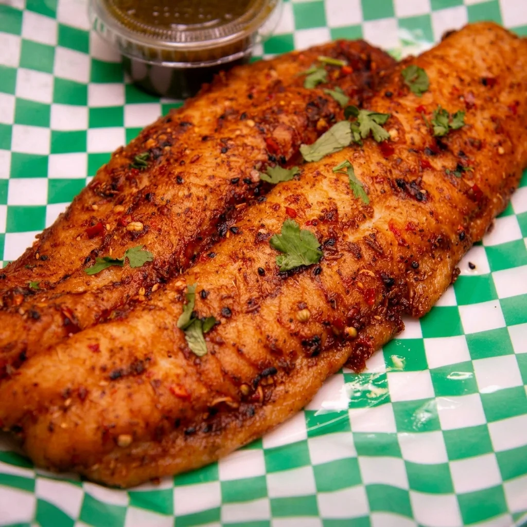 Chenab Fish — spiced grilled fish fillet served with chutney at Chenab Halal Restaurant Edmonton